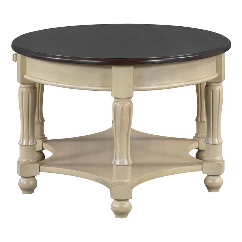 Wood Oval Coffee Table with Drawer and Storage Shelf, Carved Cocktail Table Accent Table with Turned Legs
