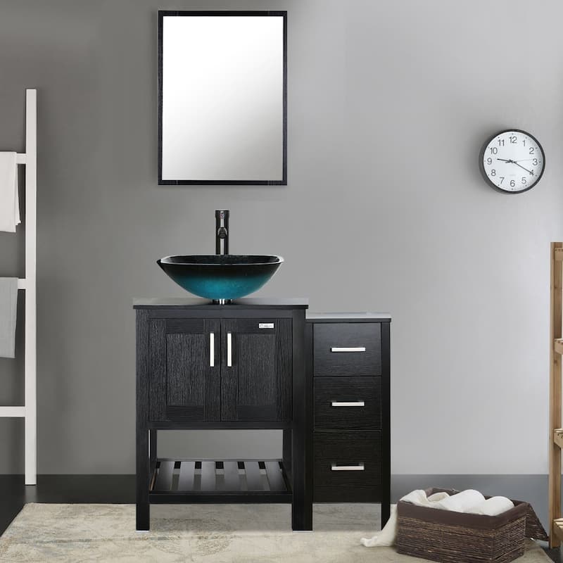 36" Bathroom Vanity Set Tempered Glass Ceramics Vessel Sink With Side Cabinet Combo - turquoise square sink - Black