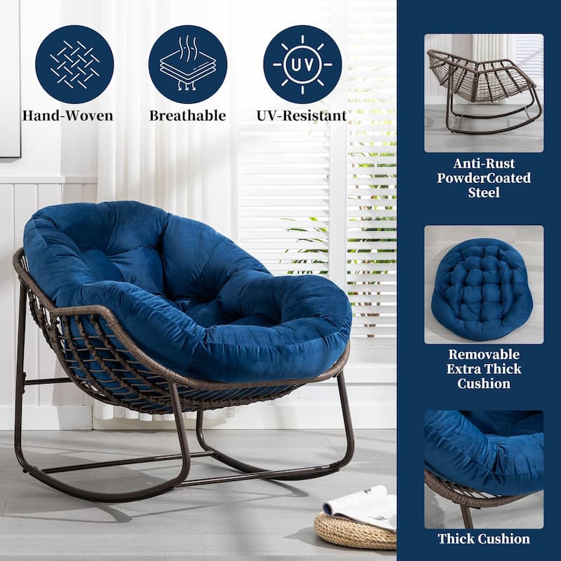 Outdoor Padded Cushion Rocking Chair, Patio Oversized Rattan Egg Chair