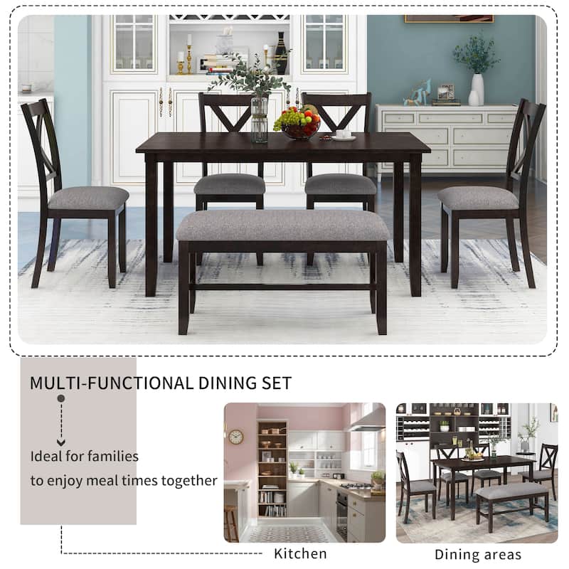 Nestfair 6-Piece Dining Table Set with 4 Fabric Chairs and Bench