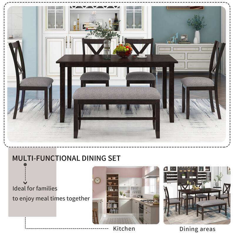 Traditional 6-Piece Wooden Dining Table Set with 4 Upholstered Chairs and Bench