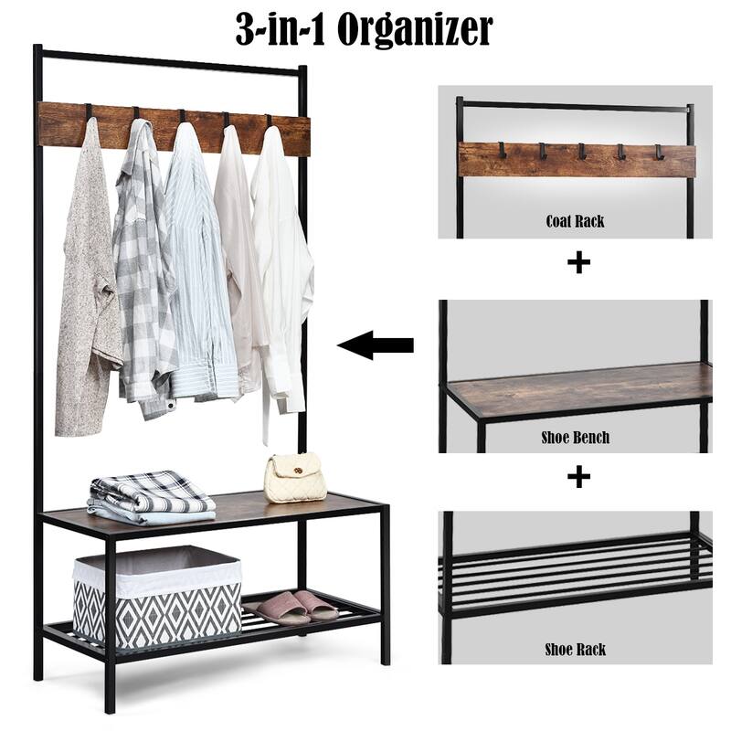 COSTWAY 3 in 1 Industrial Coat Rack Shoe Bench Entryway Hall Tree - 35.5'' x 16'' x 67'' (LxWxH)