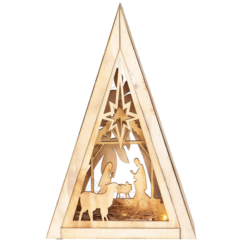 LED Lighted Holy Family Wooden Christmas Nativity Scene - 12"