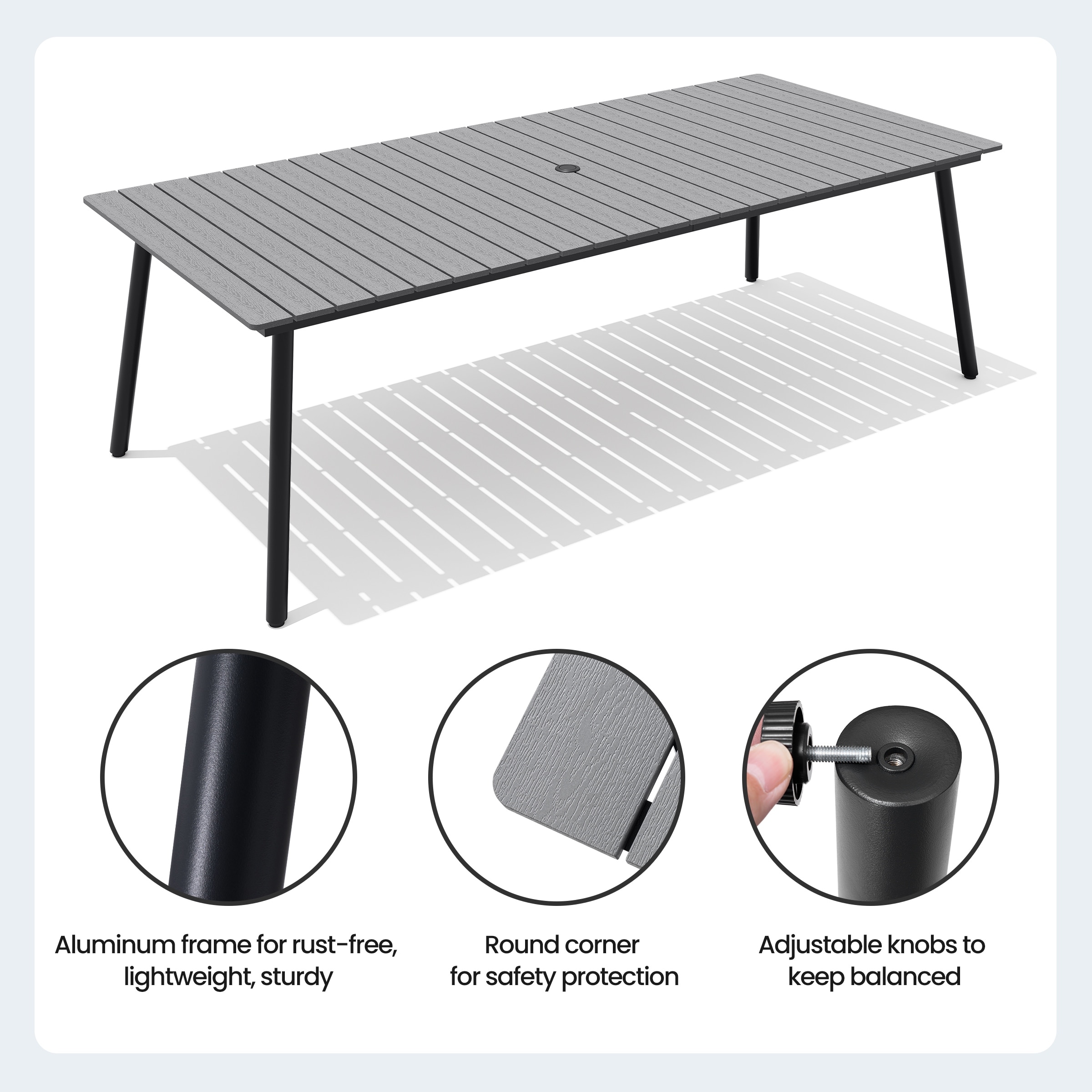 Close-up of the aluminum frame and hardware details of the dining set.