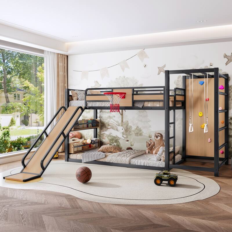 Full/Twin Metal Loft Bed with Basketball Hoop, Climbing Wall & Slide