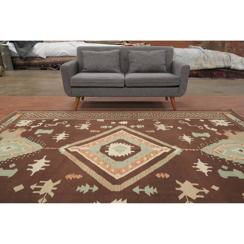Hand Woven Oriental 100% Wool Carpet Southwestern Tribal Brown Kilim Area Rug - 9' 6'' X 8' 2''