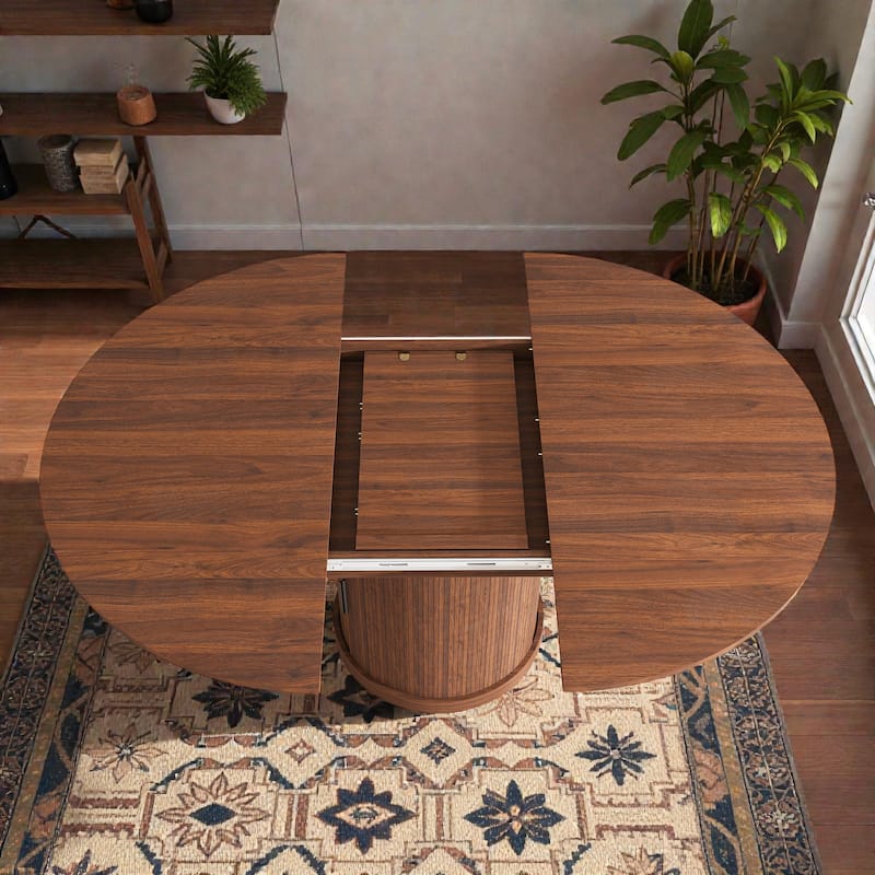 59 Inch Extendable Oval Dining Table with 2 Tier Storage, Walnut Finish MDF Pedestal Table for 4-6