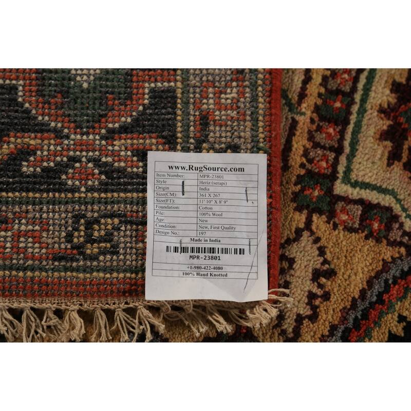 Geometric Heriz Serapi Indian Area Rug Handmade Orange Wool Carpet - 8'9"x 11'10"