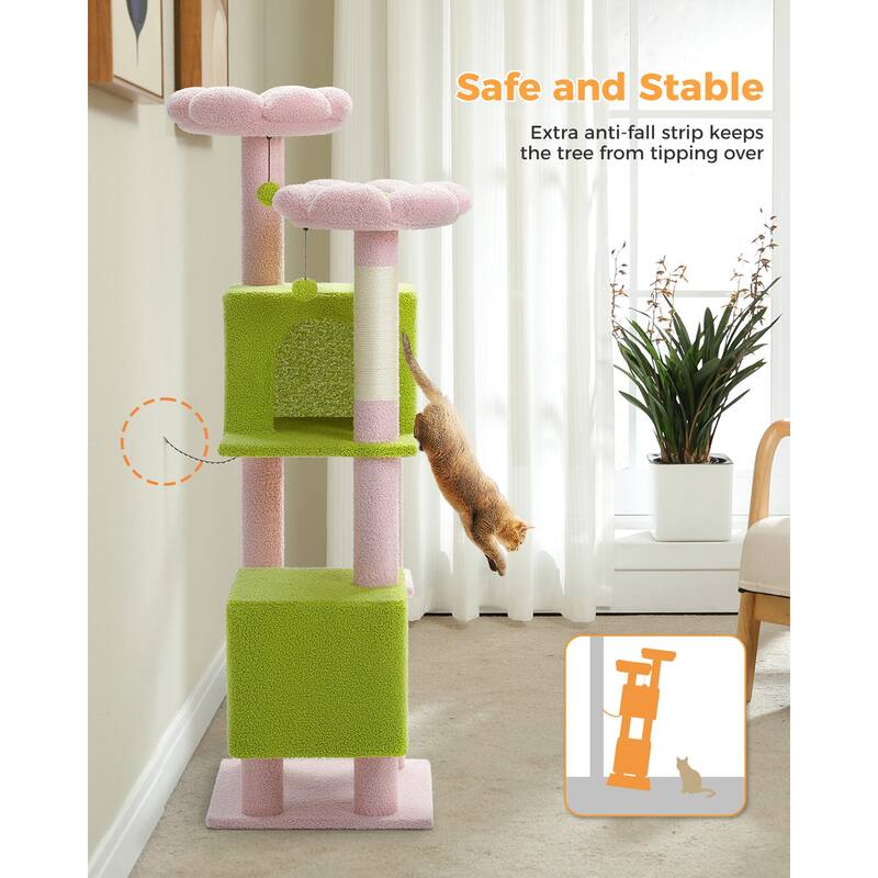 52.4" Cute Cat Tree Tower with 2 Flower Padded Perches, 2 Condos & 2 Scratching Posts