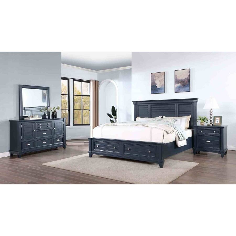 Transitioanl Slate Blue Finish 4pc Bedroom Furniture Set with Drawers Bed