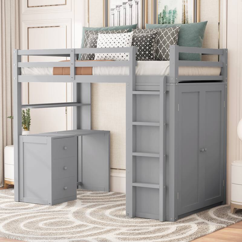 Twin size Loft Bed with Drawers,Desk,and Wardrobe