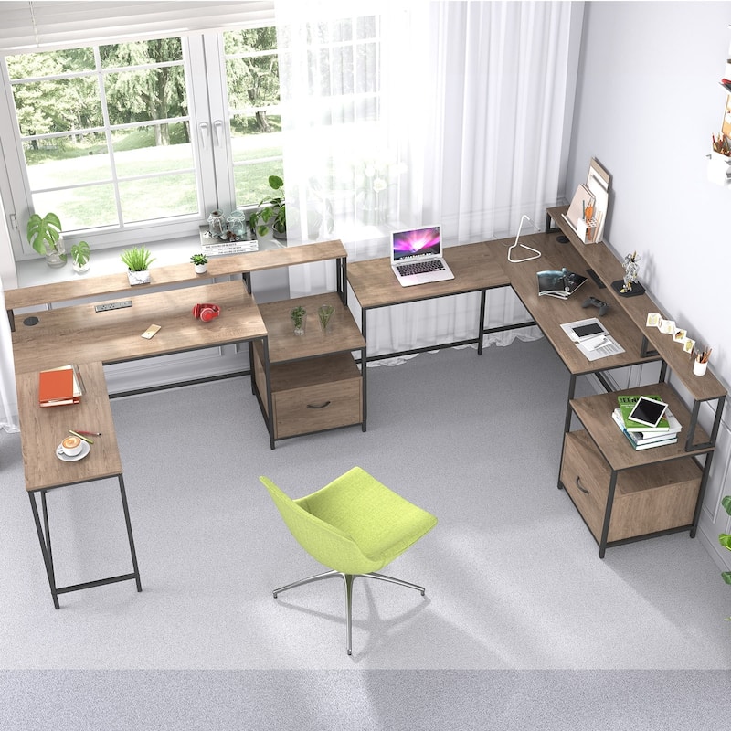Mixoy L Shaped Computer Gaming Desk with File Cabinet&Power Outlet,Home Office Desk with Storage Shelf,Drawer,Monitor Stand