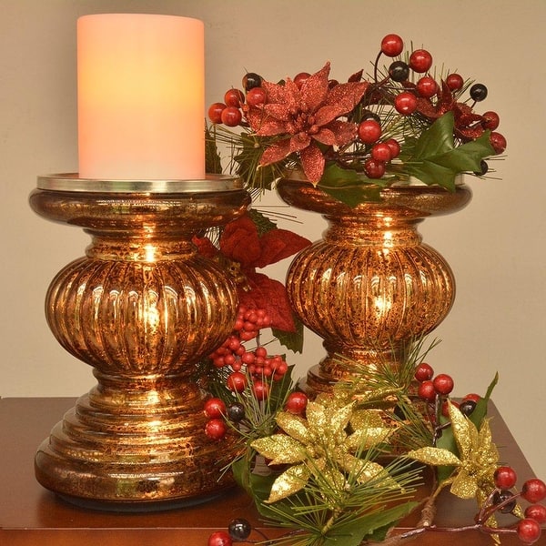 S 2 Lit Candle Holder Pedestals 9 Height Handmade Festive Ribbed Mercury Glass Pillar Candle Stand Holder With Led Lights Overstock 25767540