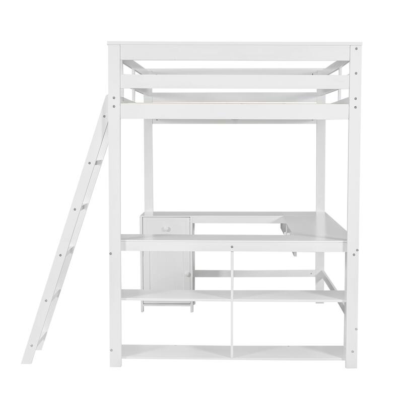 Nestfair Full Size Loft Bed with U-shaped Desk, Drawers and Storage Shelves