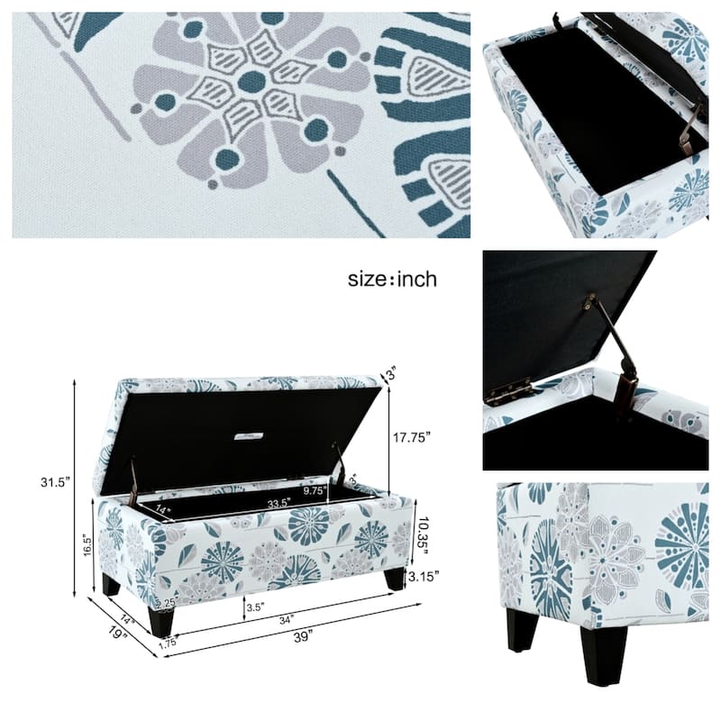 Storage Ottoman with Floral Patterned Fabric and Soft-Close Hinges, Multi-Functional Footrest & Seat