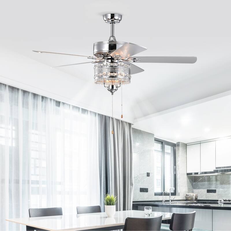 Classic Crystal Ceiling Fan Light with 5 Blades and Speed Adjustment, Reversible Motor for Bedroom and Living Room