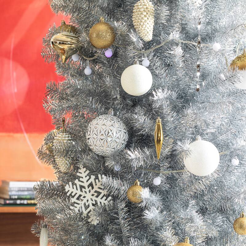 Glitzhome 7.5ft/9ft Shimmering Tinsel Pink Slim Pencil Fir Artificial Christmas Trees