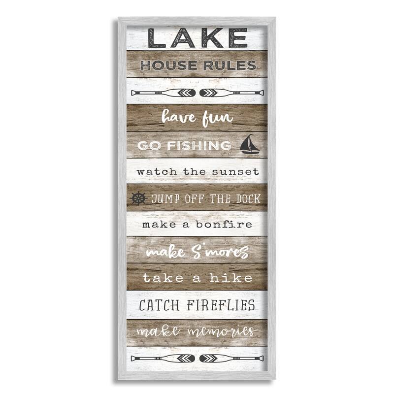 Stupell Lake House Rules List Rustic Pattern Boat Oars Framed Wall Art - White - 10 x 24 - Grey