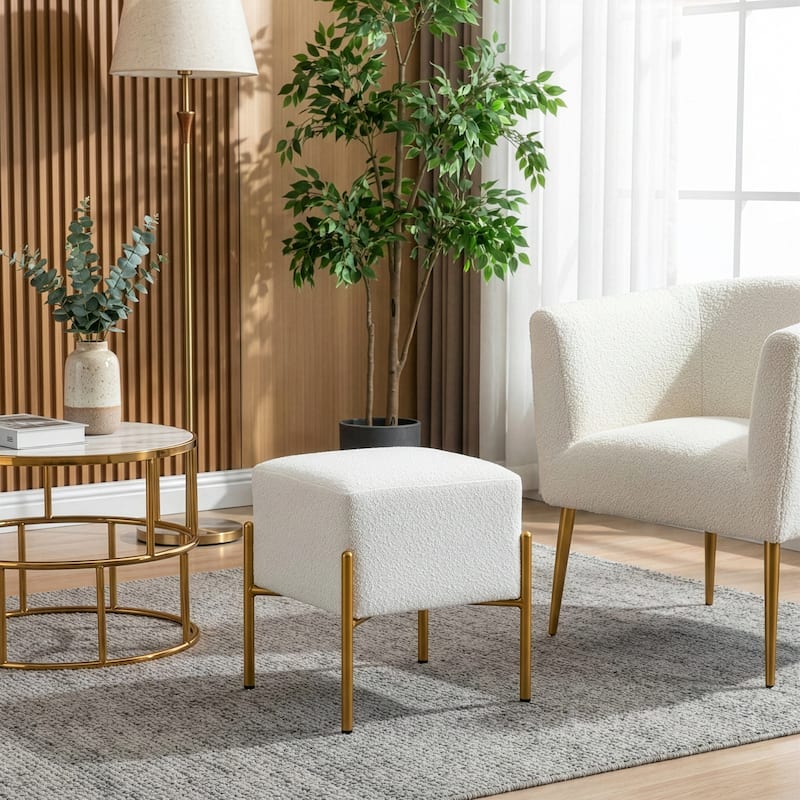Aysha White Boucle Ottoman with Gold Accent Legs