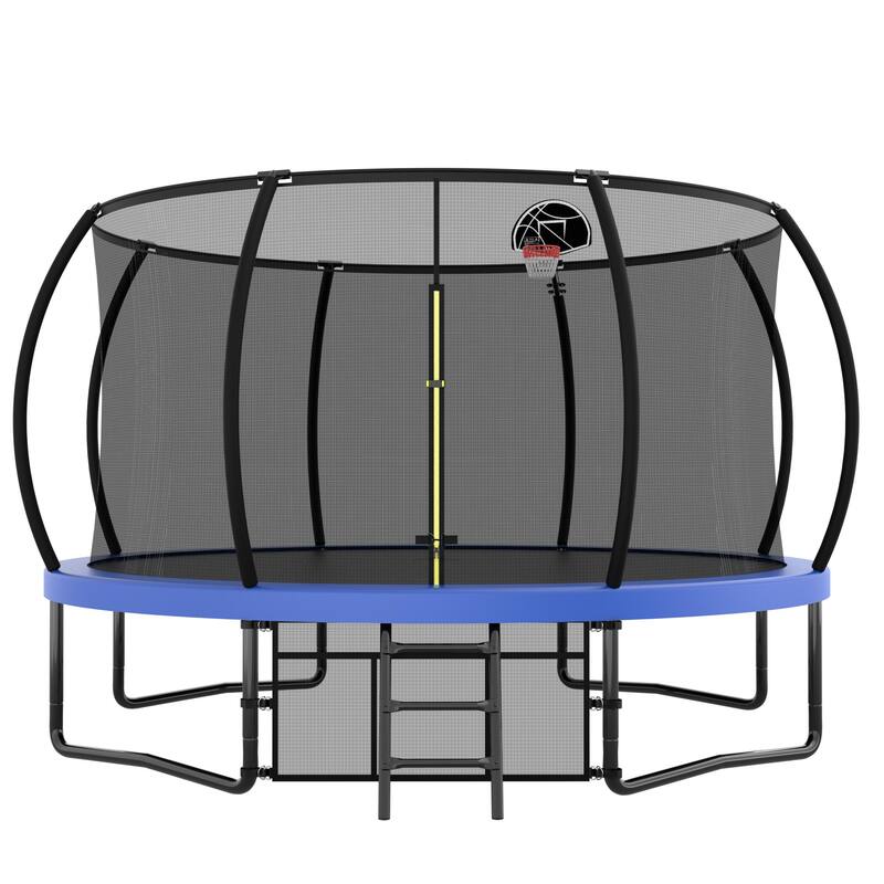 12FT Recreational Kids Trampoline with Safety Enclosure Net & Ladder, Outdoor Recreational Trampolines - Blue