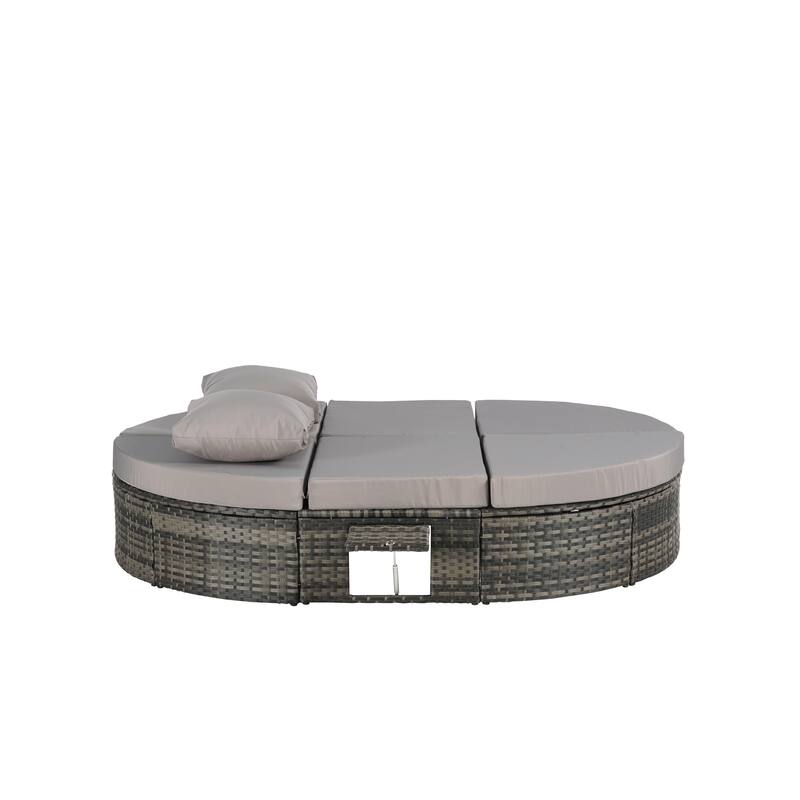 Outdoor Patio Rattan Round Daybed Sunbed with Adjustable Backrests and Foldable Cup Trays
