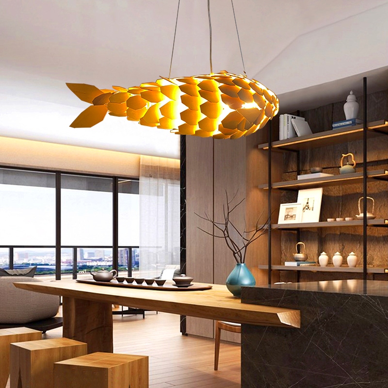 LED Lights Wood Fish Pendant Light Set of 2 Natural Wood