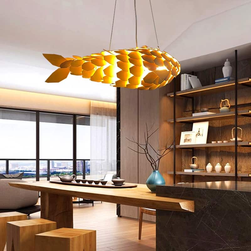 Large Fish Shape Ceiling Lamp Creative Solid Wood Carp Restaurant Home - 35.5x23.6x9.8