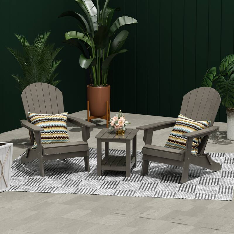 Vineyard HIPS Outdoor Folding Eco-Friendly All Weather Seashell Adirondack Chairs with Side Table (3-Piece Set) - Charcoal Gray