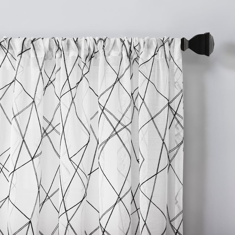 No. 918 Abstract Geometric Embroidery Semi-Sheer Rod Pocket Curtain Panel, Single Panel