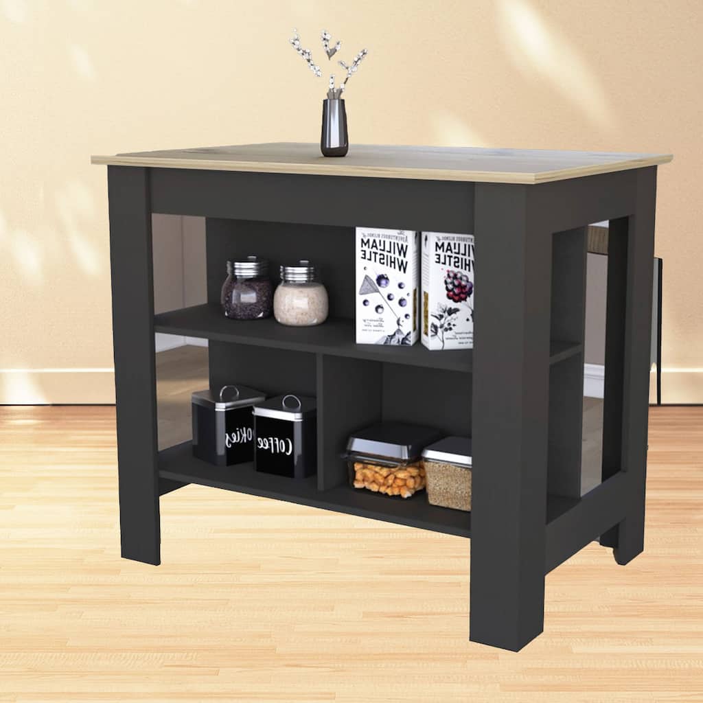 Kitchen Table Island, 35" High, 3 Open Storage Shelves, Black/Light Oak with Spacious Prep Area