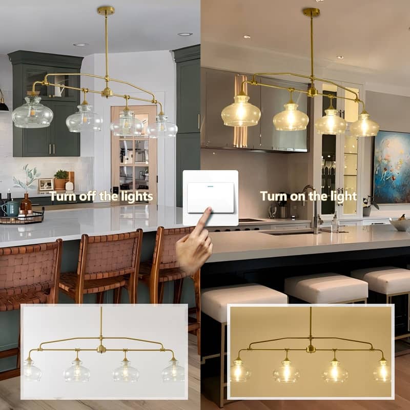 Brass Kitchen Island Light Linear Hanging Chandeliers Dining Room Light Fixture with Clear Glass Shades