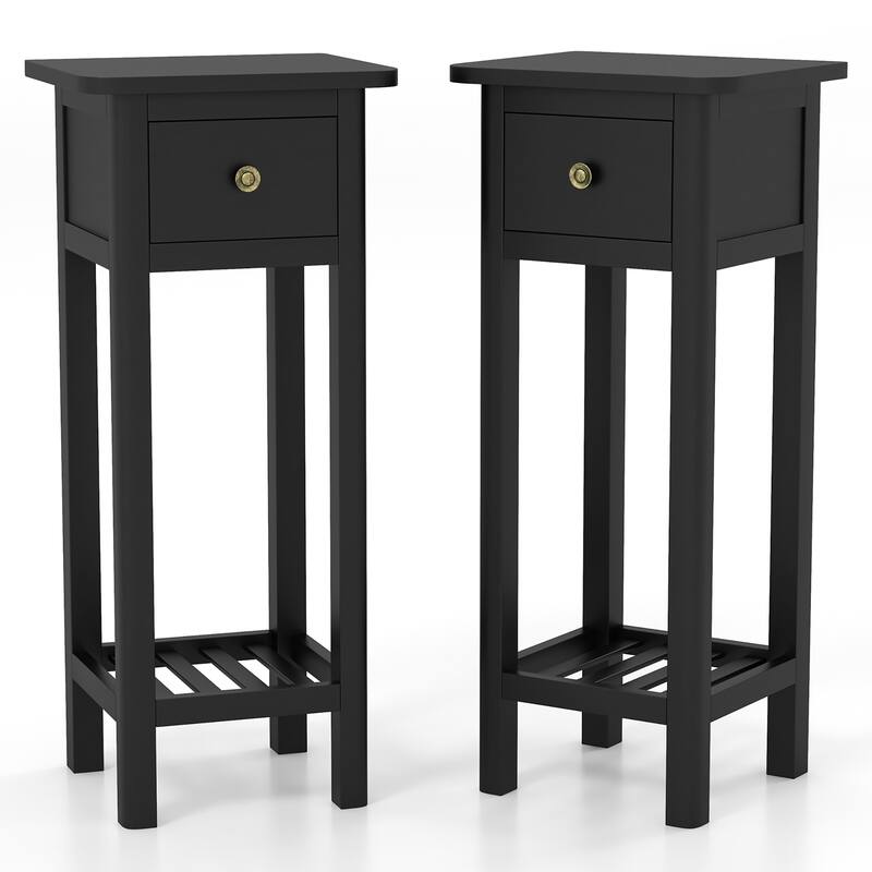 Gymax 2PCS Solid Wood Side Table Rectangular Sofa Side Table w/ Acacia