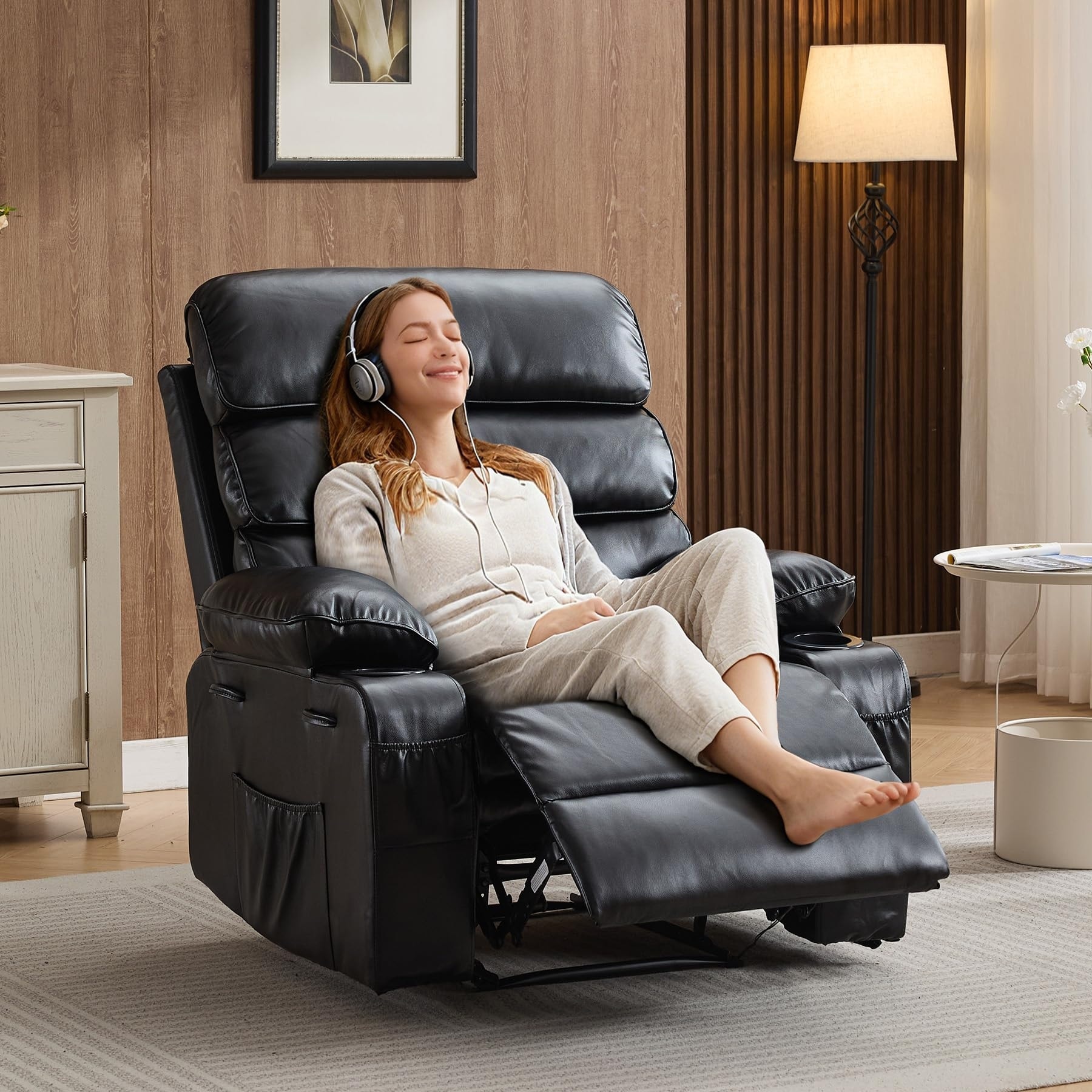 Ergonomic PU Leather Recliner Chair with Massage & Heat, Adjustable Backrest and Footrest, for Adults & Nursery