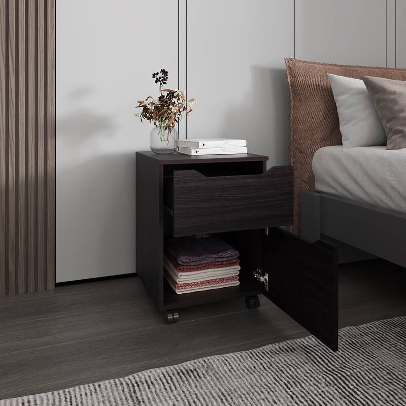 Compact Nightstand with 1 Door, 1 Drawer, and Caster Base in Rich Wengue Finish