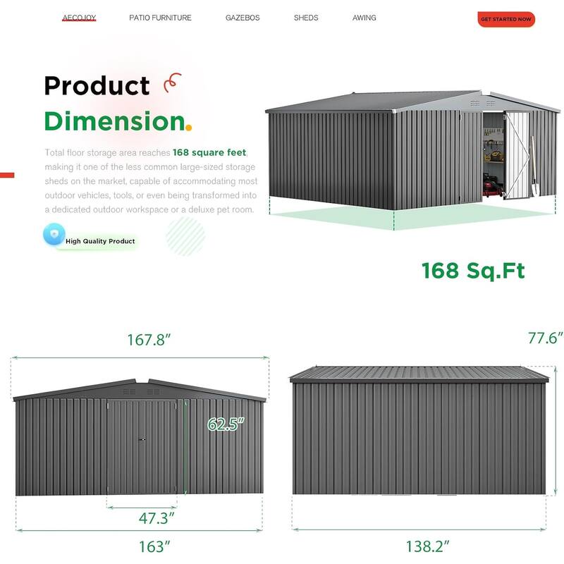 AECOJOY Outdoor Extra Large Storage Metal Shed with Lockable Doors