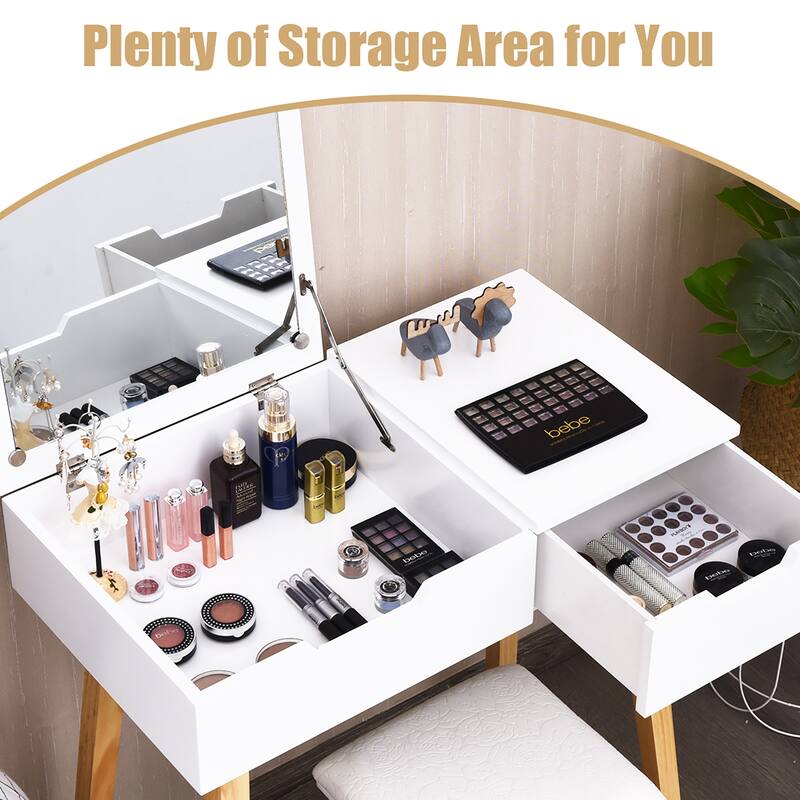 Wooden Vanity Table with Flip Top Mirror Makeup Table and Stool Set