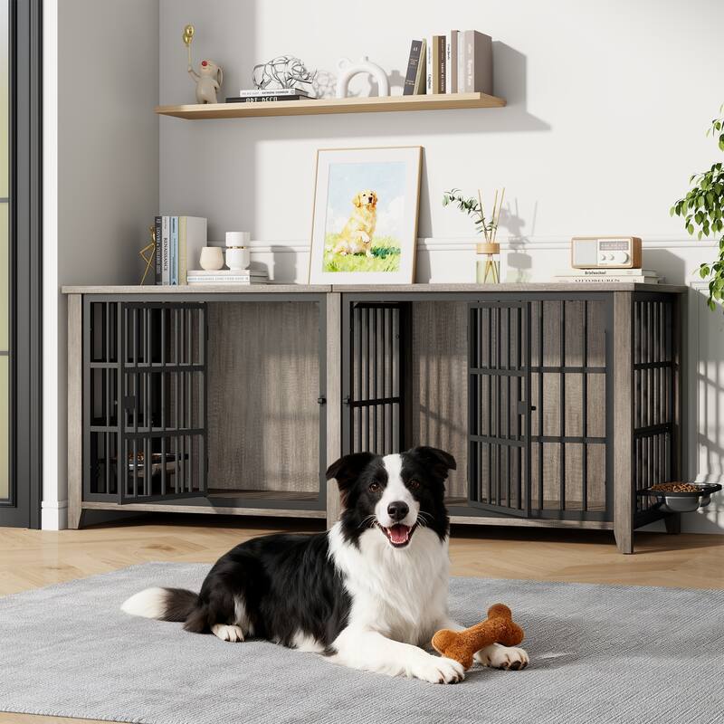 Large Dog Crate Furniture, 78"L Wooden Dog Crate Kennel with Removable Divider