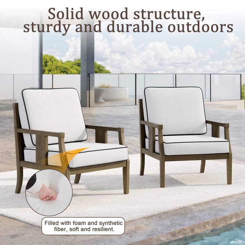 Set of 2 Outdoor Teak Wood Armchairs with Cushions, Patio Club Chairs
