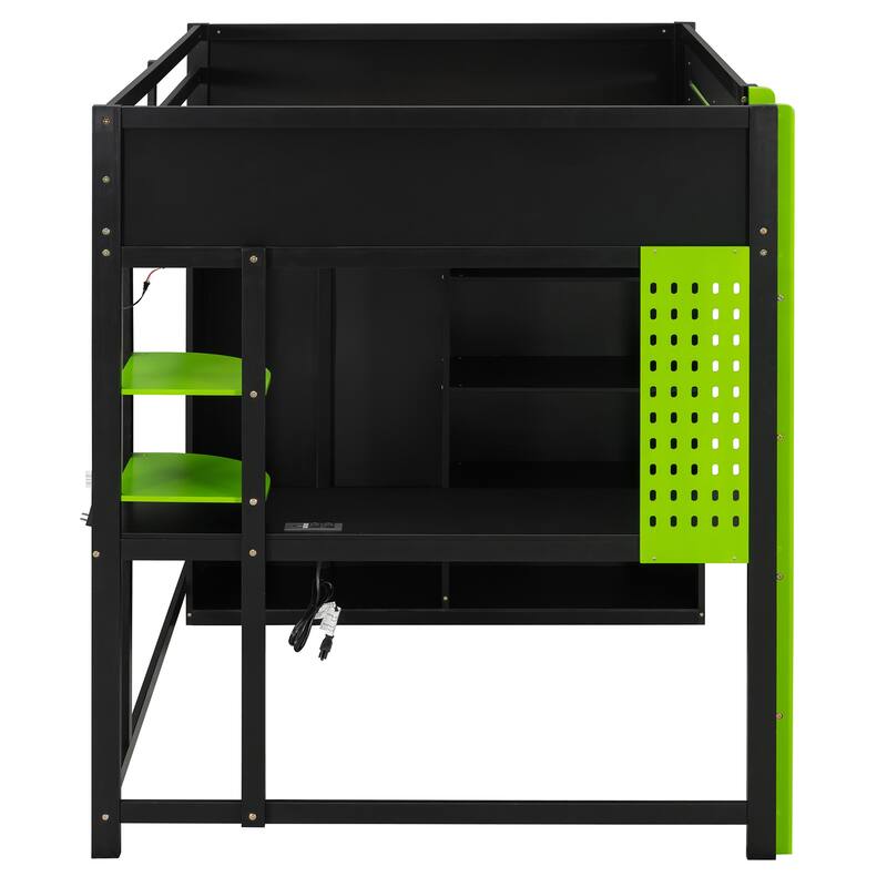 Full Wood Loft Bed with Desk, Open Wardrobe & RGB Lighting