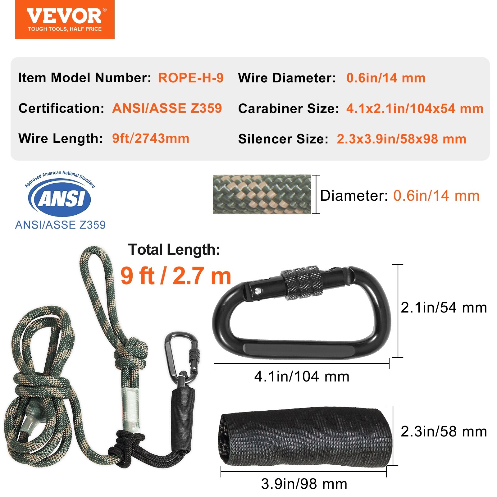 VEVOR Tree Stand Rope 9ft and 30ft 30KN Lifeline 0.6in Hunting Safety 2 Carabiners - Grey