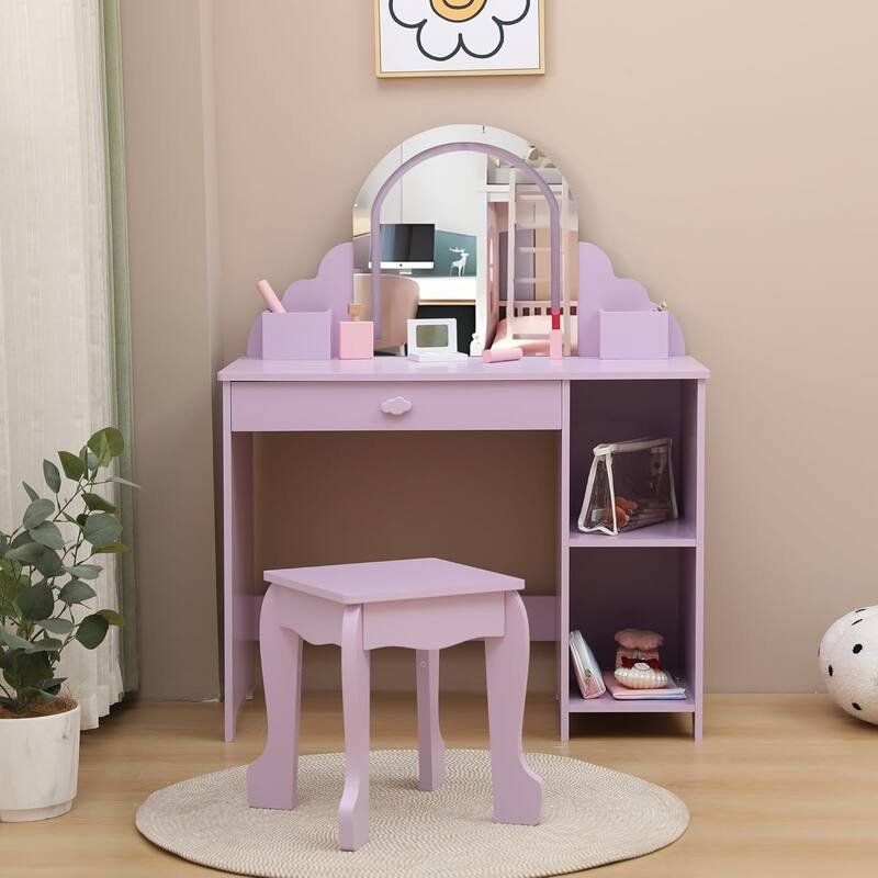 Kids Vanity Set with Lighted Mirror and Stool, Storage Drawer and Shelves for Girls Ages 3–9