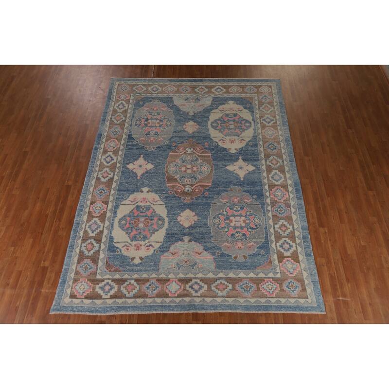 Hand Knotted Oriental 100% Wool Carpet Transitional Geometric Navy Blue & Blues Oushak Area Rug - 11' 0'' X 8' 4''