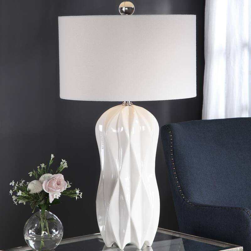 Glossy Embossed Geometric Table Lamp with White Drum Shade - 30.75" - White