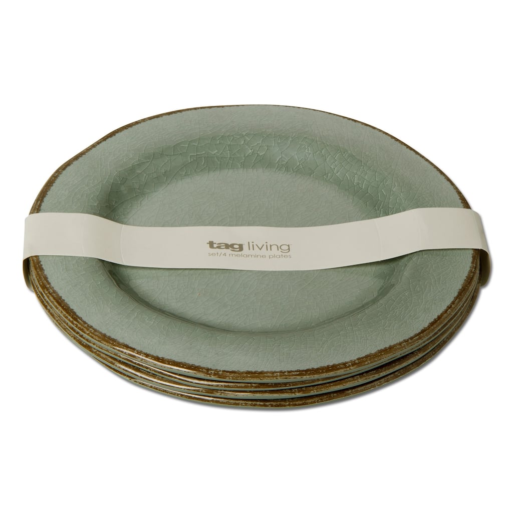 11 in. Veranda Cracked Glazed Solid Melamine Plastic Dinnerware Plates Set of 4 Dishwasher Safe Indoor Outdoor Round Green