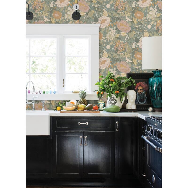 A-Street Prints Vaxa Slate Rabbits and Rosehips Wallpaper