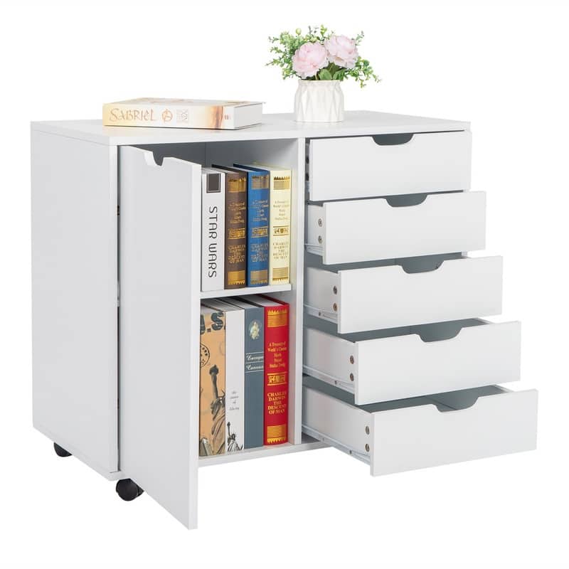 Single Door Five Drawers MDF With PVC Wooden Filing Cabinet White