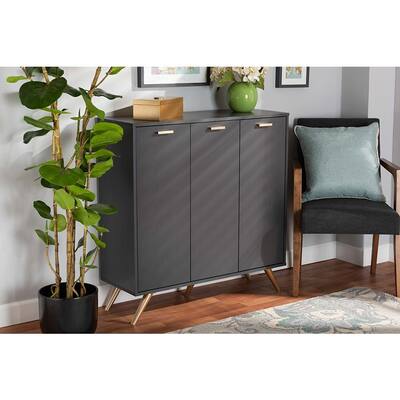Kelson Modern and Contemporary Dark Grey and Gold Finished Wood 3-Door Shoe Cabinet