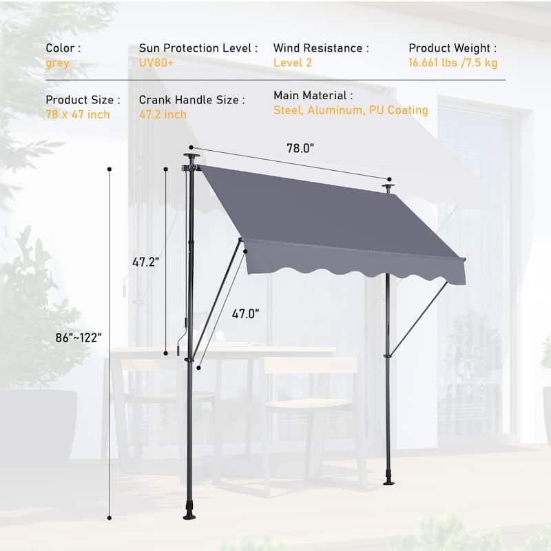 Manual Retractable Awning with UV Protection, Adjustable Outdoor Sun Shade Cover, 78 Inch, Polyester, for Patio Door Window