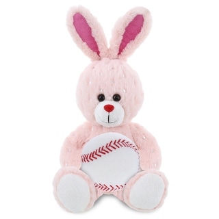 DolliBu Huggable Rose Gold Bunny Stuffed Animal with Baseball Plush - 8 inches