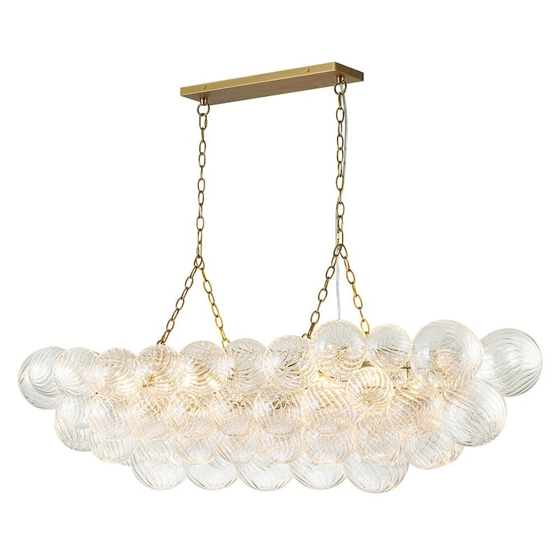 51in Brass Swirled Glass Bubble Linear Island Chandelier Dining Room